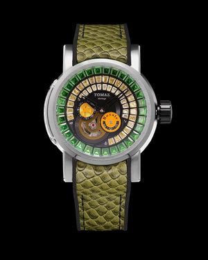 
                  
                    Load image into Gallery viewer, King TW036-D5 (Silver/Black) with Green White Zirconia Crystal (Green Silicone with Leather Strap)
                  
                