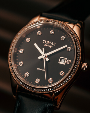 
                  
                    Load image into Gallery viewer, Tomaz Ladies Watch TQ017L-D4 (Rosegold/Black) with Swarovski (Black Leather Strap)
                  
                