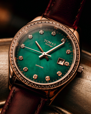 
                  
                    Load image into Gallery viewer, Tomaz Ladies Watch TQ017L-D6 (Rosegold/Green) with Swarovski (Wine Leather Strap)
                  
                