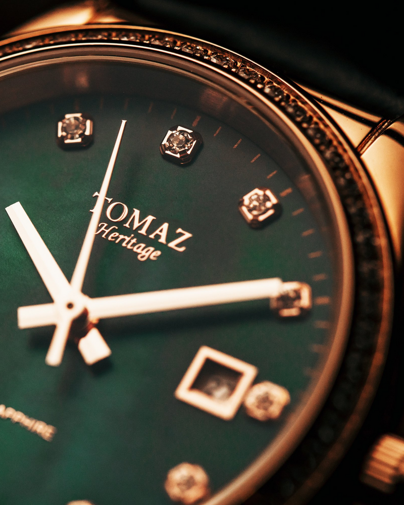 
                  
                    Load image into Gallery viewer, Tomaz Ladies Watch TQ017L-D6 (Rosegold/Green) with Swarovski (Black Leather Strap)
                  
                