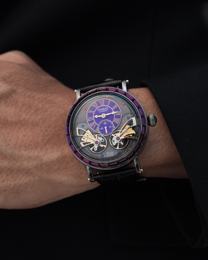 
                  
                    Load image into Gallery viewer, Double Wings Automatic TW001-D11 (Black/Purple) with Purple Swarovski (Black Bamboo Leather Strap)
                  
                