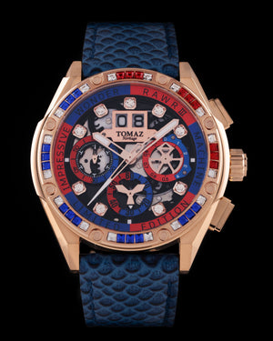 
                  
                    Load image into Gallery viewer, RAWR III TW024I-D9 (Rosegold) with Blue Red Swarovski (Blue Salmon Leather Strap)
                  
                