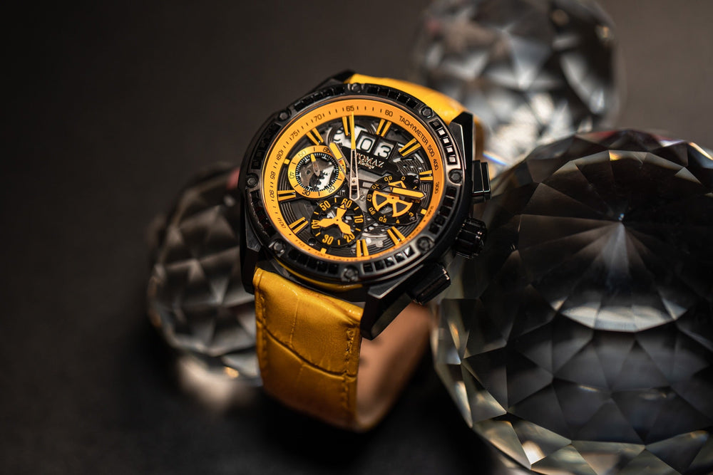 
                  
                    Load image into Gallery viewer, RAWR iii TW024A-D3 (Black/Yellow) with Yellow Swarovski (Yellow Bamboo Leather Strap)
                  
                