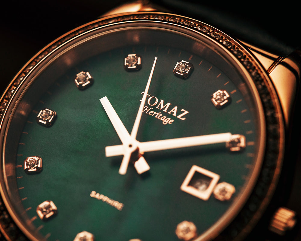 
                  
                    Load image into Gallery viewer, Tomaz Ladies Watch TQ017L-D6 (Rosegold/Green) with Swarovski (Black Leather Strap)
                  
                