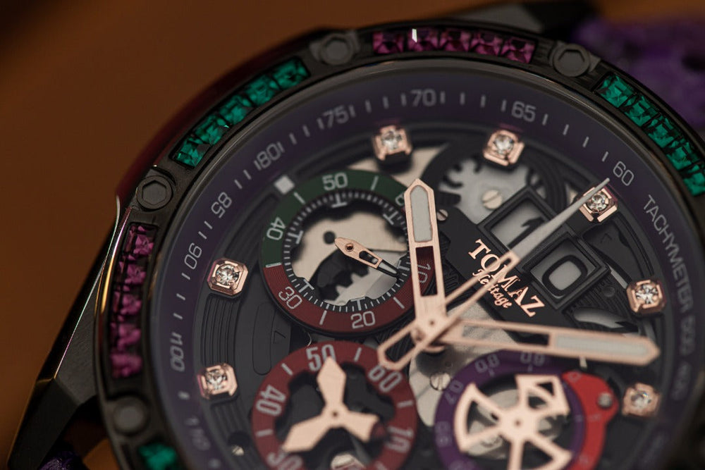 
                  
                    Load image into Gallery viewer, RAWR III TW024E-D2 (Black/Purple) with Purple Green Swarovski (Purple Snake Leather Strap)
                  
                