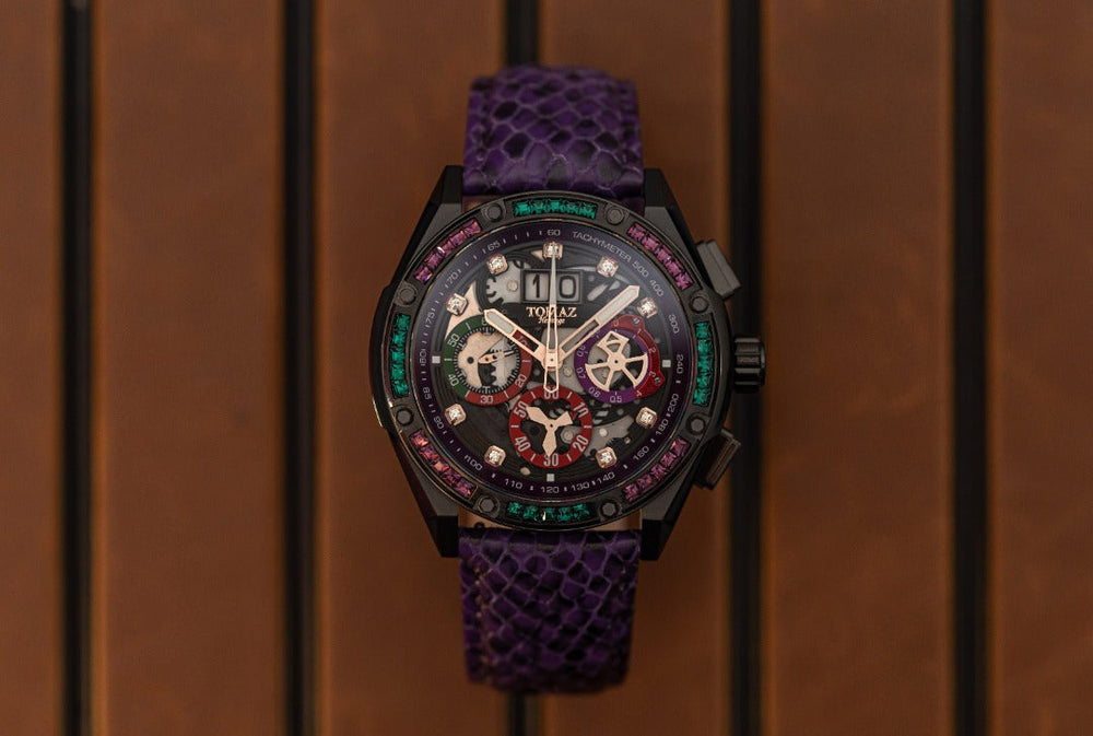 
                  
                    Load image into Gallery viewer, RAWR III TW024E-D2 (Black/Purple) with Purple Green Swarovski (Purple Snake Leather Strap)
                  
                