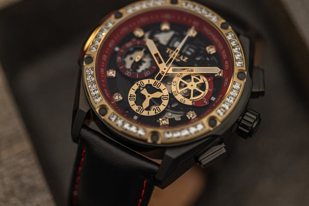 
                  
                    Load image into Gallery viewer, RAWR III TW024E-D3 (Black/Red) with White Swarovski (Black Leather Strap)
                  
                