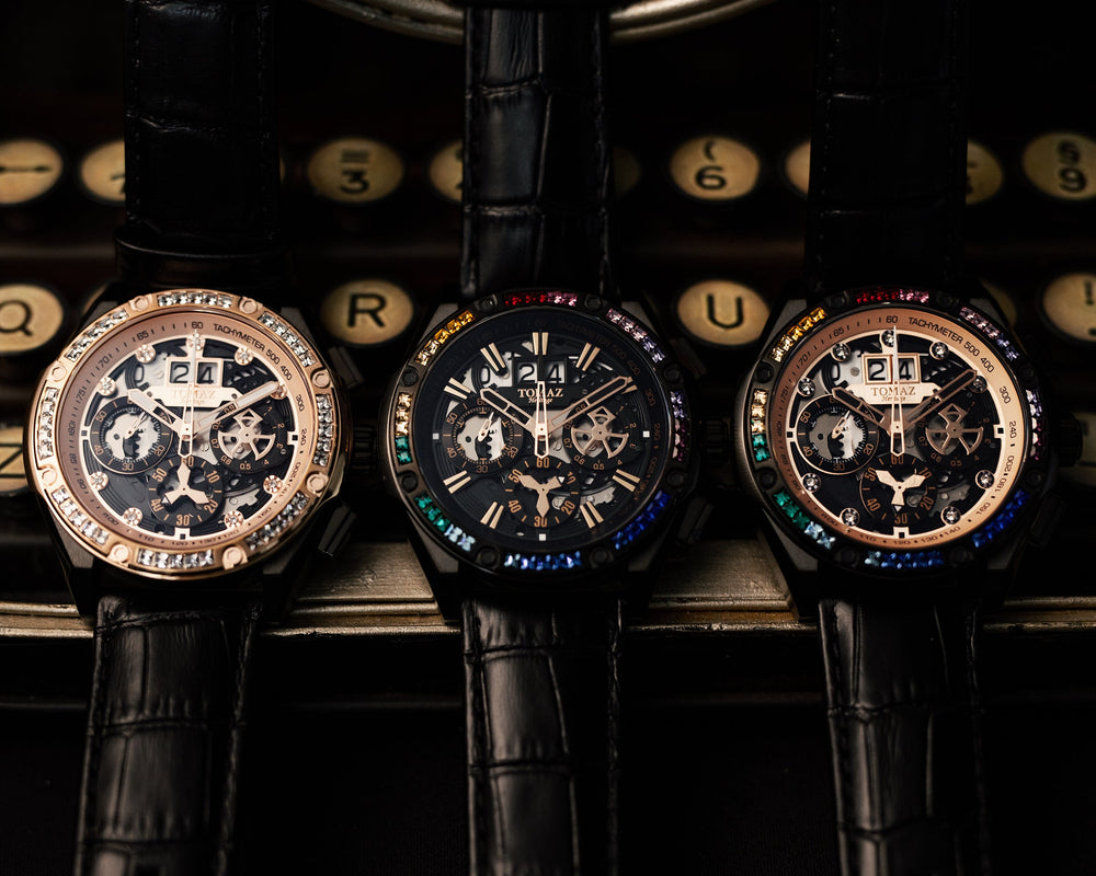 
                  
                    Load image into Gallery viewer, RAWR III TW024D-D9 (Black/Rosegold) with White Swarovski (Black Bamboo Leather Strap)
                  
                